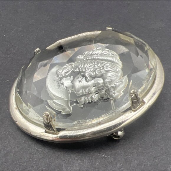 Vintage Warner Cameo Brooch Pin Intaglio Faceted Glass Silver Tone Signed 2X1.5" - Picture 7 of 11